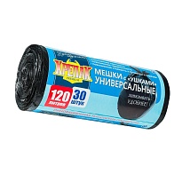 Мешки для мусора 120 л, с ушками, черные, в рулоне 30 шт., ПНД, 15 мкм, 1100х700 мм, Крепак, 4607075710375 в Артеме