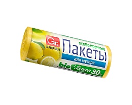 Мешки для мусора 30 л, ароматизированные, Лимон, желтые, в рулоне 20 шт., ПНД, 9 мкм, 560х530 мм, GRIFON Aroma, 101-020 Li в Артеме